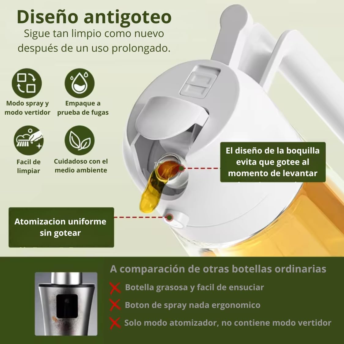 ACEITERA DE VIDRIO CON ATOMIZADOR SIN DERRAMES 2 EN 1 + ENVÍO GRATIS